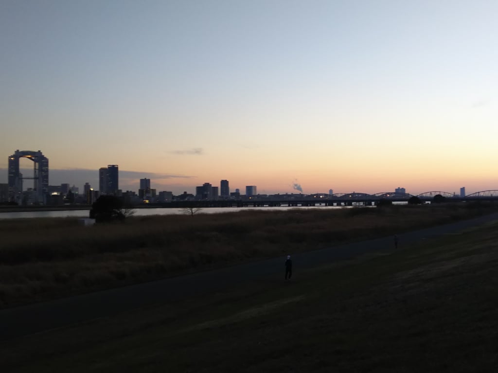 淀川河川敷　西中島地区　夕焼けの時間帯の様子